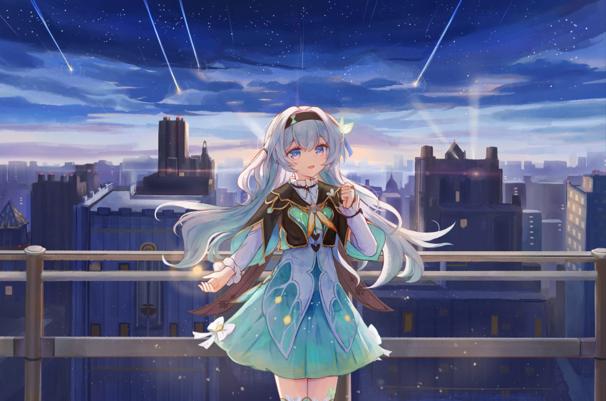 1girl :d against_railing black_hairband black_jacket blue_bow blue_hair blue_jacket blue_pupils blue_skirt blush bow building cityscape clouds cloudy_sky collared_shirt cowboy_shot firefly_(honkai:_star_rail) floating_hair gradient_hair grey_hair hair_between_eyes hair_bow hairband hand_on_own_chest highres honkai:_star_rail honkai_(series) jacket legs_together long_hair long_sleeves miniskirt multicolored_hair night night_sky open_mouth outdoors pleated_skirt railing scenery shirt shooting_star sidelocks skirt sky skyline smile solo spotlight star_(sky) starry_sky two-sided_fabric two-sided_jacket white_shirt yuuneka