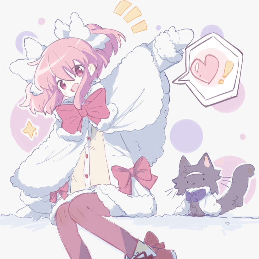 1girl adapted_costume akemi_homura animalization black_cat bow brown_pantyhose capelet cat chinese_commentary commentary_request fur-trimmed_sleeves fur_capelet fur_trim hair_bow heart highres kaname_madoka mahou_shoujo_madoka_magica mahou_shoujo_madoka_magica_(anime) medium_hair neck_ribbon notice_lines open_mouth pantyhose pink_eyes pink_hair pink_ribbon purple_ribbon ribbon smile sparkle spoken_heart tukiliii twintails white_bow white_capelet