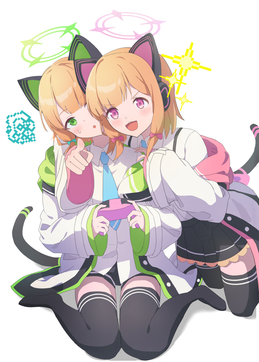 2girls absurdres animal_ear_headphones animal_ears black_shorts black_skirt black_thighhighs blonde_hair blue_archive blue_necktie blunt_bangs blush bow cat_ears cat_tail chestnut_mouth collared_shirt commentary_request controller fake_animal_ears game_controller green_bow green_eyes green_halo hair_bow halo headphones highres holding holding_controller holding_game_controller jacket kneeling long_sleeves looking_at_viewer midori_(blue_archive) momoi_(blue_archive) multicolored_clothes multicolored_jacket multiple_girls necktie pink_bow pink_eyes pink_halo pleated_skirt pointing pointing_at_viewer school_uniform shirt short_hair shorts shoulder_strap siblings sidelocks sisters sitting skirt smile sparkle squiggle suspenders sweat tail tail_raised thigh-highs twins wariza white_shirt yukisumomol3 zettai_ryouiki