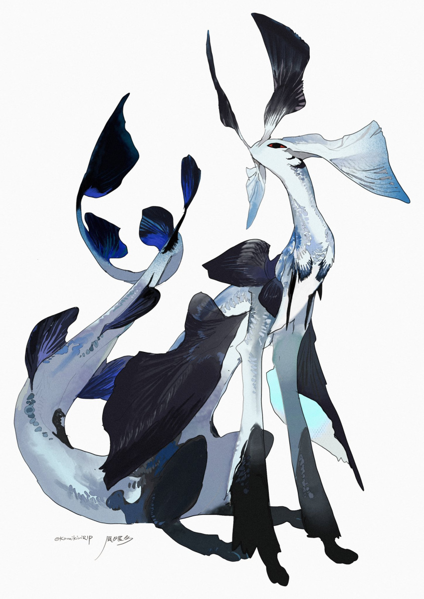 animal_focus arm_fins artist_name black_eyes colored_sclera fins fish_tail from_side full_body head_fins highres kamikiririp looking_at_viewer monster no_humans no_mouth original red_sclera scales signature simple_background sitting solo tail twitter_username white_background