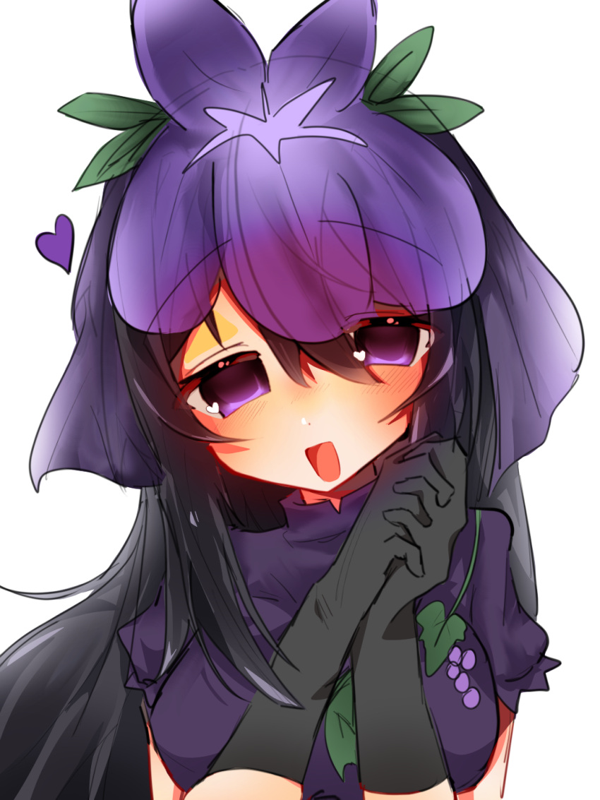 1girl black_gloves black_hair blush breasts chinese_commentary commentary_request gloves hair_between_eyes heart heart_in_eye highres long_hair looking_at_viewer mahoushaojiulilika05836 own_hands_together purple_headwear purple_shirt shirt simple_background small_breasts solo symbol_in_eye touhou upper_body violet_eyes white_background yomotsu_hisami