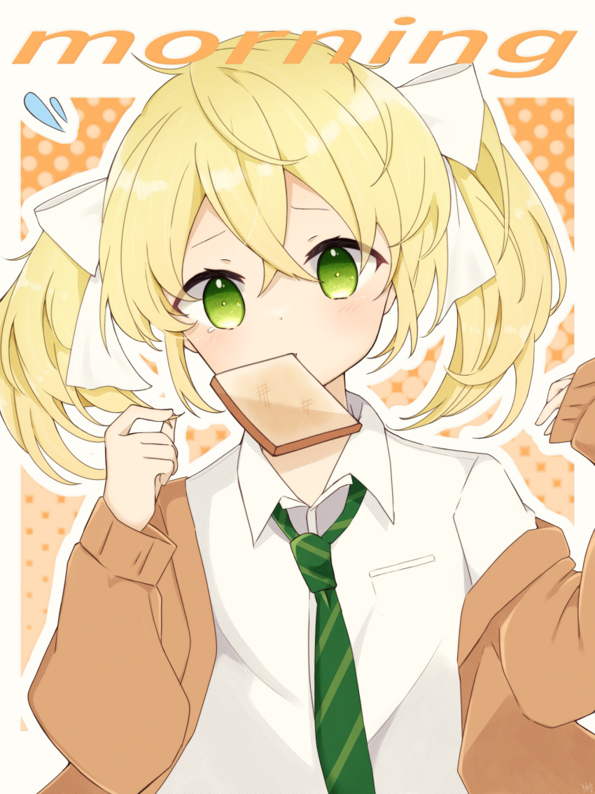 1girl blonde_hair blush bow bread bread_slice cardigan collared_shirt flying_sweatdrops food food_in_mouth green_eyes hair_bow hands_up highres long_sleeves looking_at_viewer mouth_hold necktie off_shoulder original rageno0000 shirt sleeves_past_wrists solo striped_necktie toast toast_in_mouth twintails upper_body