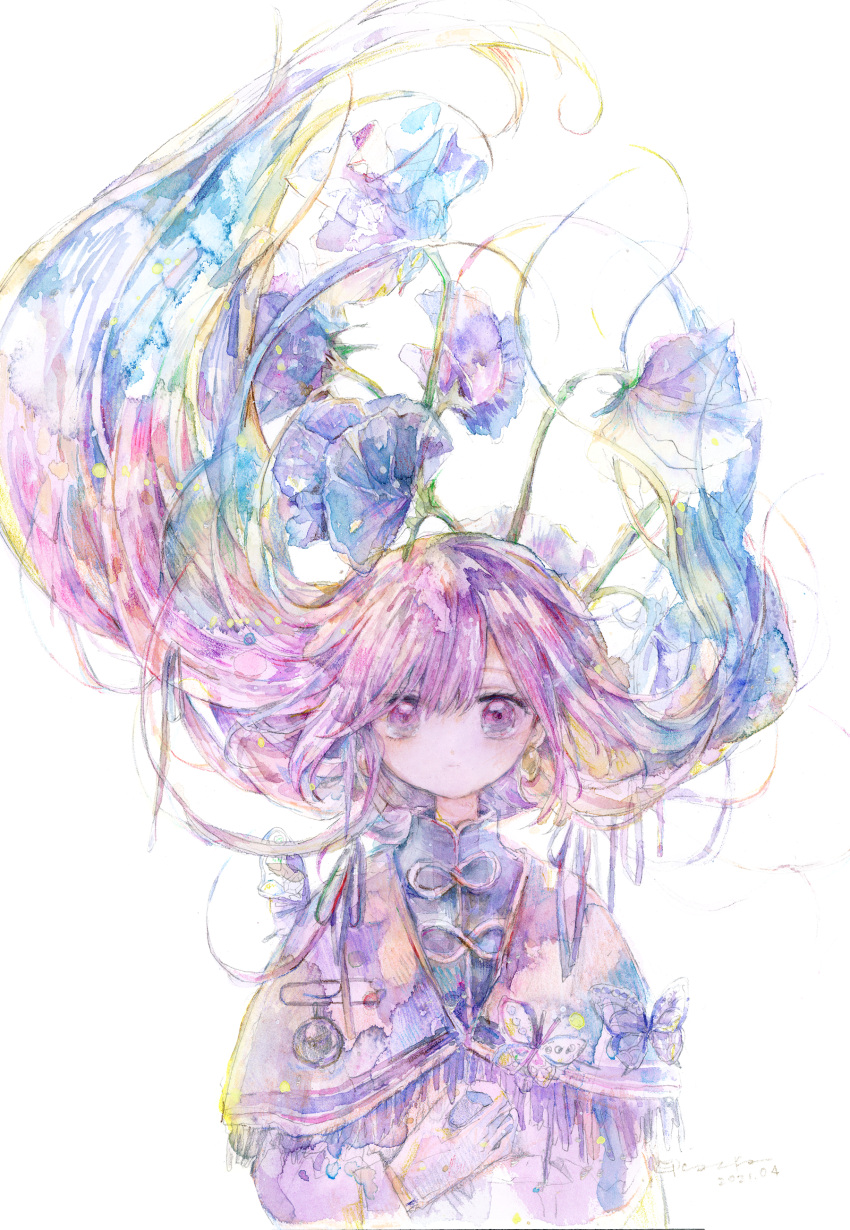 1girl 2021 absurdres blue_hair bug butterfly capelet closed_mouth dated dress floating_hair flower hair_flower hair_ornament hand_on_own_stomach highres kazuka long_hair looking_at_viewer multicolored_hair original painting_(medium) pink_hair purple_capelet purple_dress purple_hair signature simple_background solo straight-on traditional_media upper_body violet_eyes watercolor_(medium) white_background