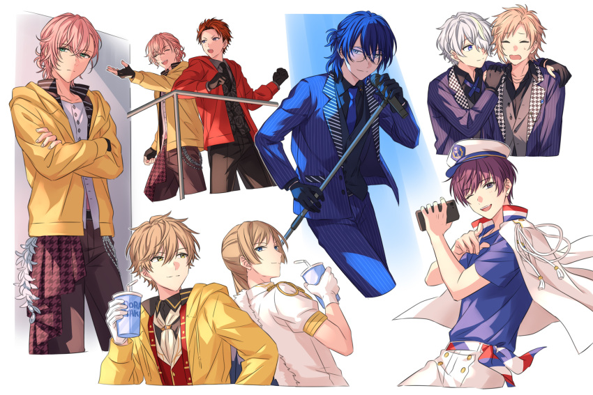 6+boys angry aoyagi_mikado arm_around_shoulder ascot back-to-back black_gloves black_necktie black_shirt blue_eyes blue_hair blue_shirt blue_suit brown_hair cellphone checkered_clothes closed_eyes commentary_request cropped_legs cropped_torso crossed_arms drink frown glasses gloves green_eyes grey_vest hair_over_one_eye half_gloves hat henmi_sora highres holding holding_drink holding_microphone holding_phone hood hoodie isshiki_aoi jacket jacket_on_shoulders kisaki_chihiro kokuyo_mamoru looking_at_viewer microphone microphone_stand multiple_boys necktie on_air! open_mouth outstretched_hand pants parted_bangs phone pink_hair pointing pointing_at_viewer puffy_short_sleeves puffy_sleeves purple_hair purple_jacket railing red_hoodie red_vest redhead sailor_hat sakurai_momose sekina shirt short_ponytail short_sleeves side_ponytail sketch striped_clothes striped_shirt suit teeth ukima_shiro unhappy upper_teeth_only vertical-striped_clothes vertical-striped_shirt vest violet_eyes white_ascot white_gloves white_hair white_headwear white_jacket white_pants white_shirt yarai_rikka yellow_eyes yellow_jacket