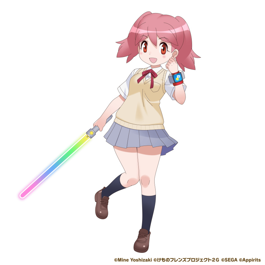 1girl absurdres bow bowtie cardigan copyright_name full_body highres hinata_natsumi incredibly_absurdres kemono_friends kemono_friends_3 keroro_gunsou long_hair looking_at_viewer official_art pink_eyes pink_hair school_uniform shirt shoes skirt socks solo sword transparent_background twintails weapon wristband yoshizaki_mine_(style)