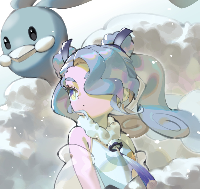 1girl absurdres altaria barefoot black_ribbon blue_hair breasts closed_mouth eyelashes flying_miku_(project_voltage) fur_collar hair_over_one_eye hair_ribbon hatsune_miku highres long_hair pokemon pokemon_(creature) project_voltage ribbon see-through see-through_sleeves simple_background sleeveless small_breasts tassel twintails upper_body vocaloid yu1_na12