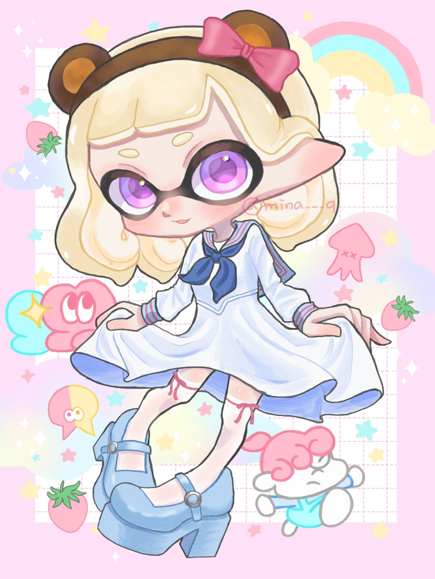 1girl artist_name blonde_hair blue_footwear border commentary_request dress full_body grid_background high_heels highres inkling_girl inkling_player_character medium_hair mina_p open_mouth outside_border pink_border pointy_ears sailor_dress smile solo splatoon_(series) splatoon_3 tentacle_hair thick_eyebrows thigh-highs twitter_username violet_eyes white_background white_dress