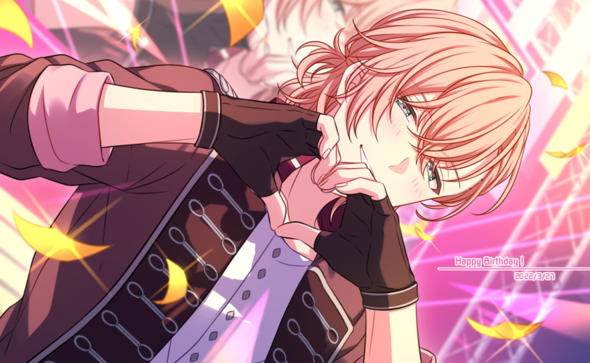 1boy black_gloves black_jacket blush commentary_request confetti dated dutch_angle fingerless_gloves gloves green_eyes happy_birthday heart heart_hands highres jacket looking_at_viewer male_focus monitor on_air! pink_hair sakurai_momose sekina shirt short_hair short_ponytail sleeves_rolled_up solo upper_body white_shirt