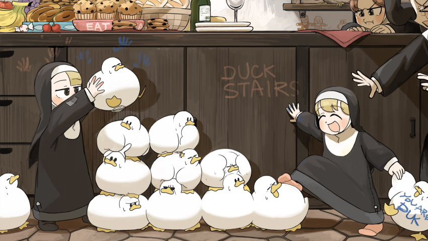 &gt;_&lt; 4girls :d aged_down banana bird blonde_hair body_writing brown_hair candy chicken chocolate_chip_cookie closed_eyes clumsy_nun_(diva) cookie diva_(hyxpk) doughnut duck english_commentary food fruit habit highres hungry_nun_(diva) leaf_nun_(diva) little_nuns_(diva) multiple_girls nun pink_socks smile socks spicy_nun_(diva) stacking traditional_nun
