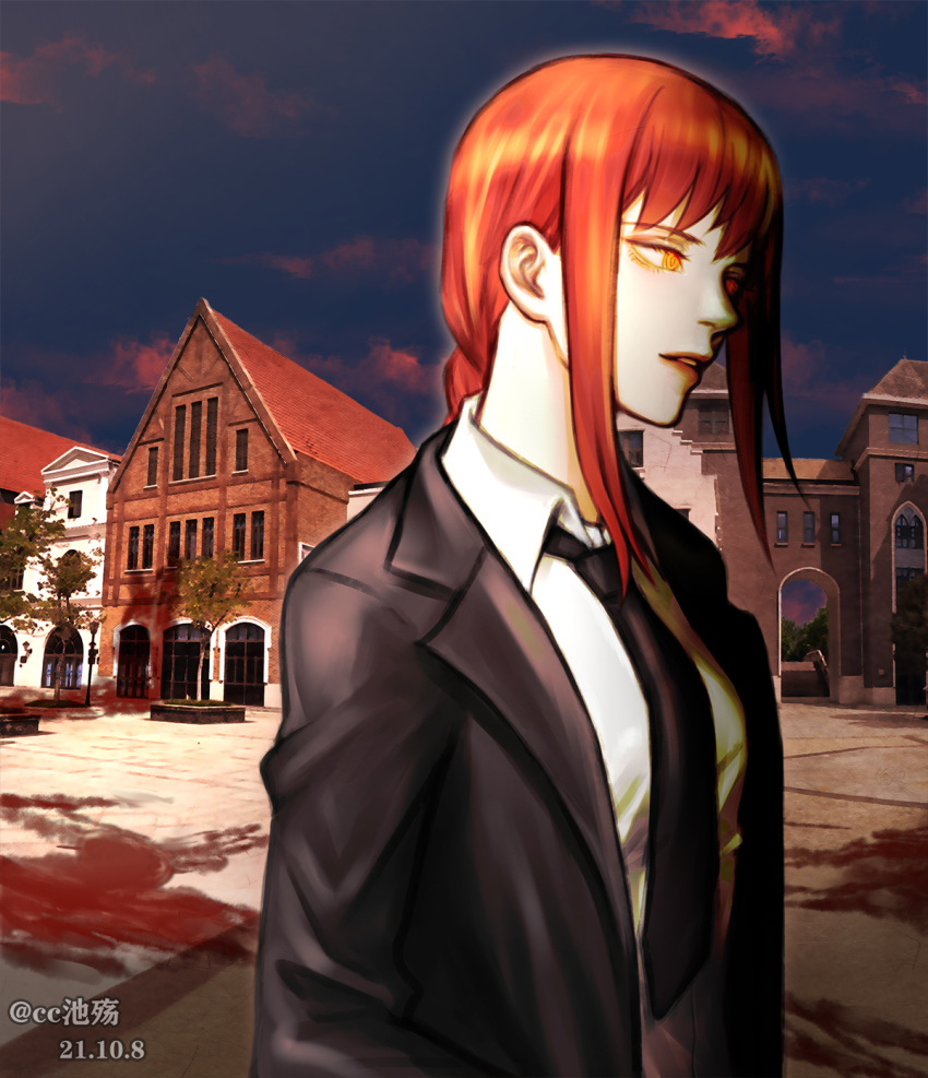 1girl black_jacket black_necktie braid breasts building ccjealousy chainsaw_man clouds cloudy_sky commentary dated highres jacket makima_(chainsaw_man) medium_breasts necktie orange_eyes orange_hair profile ringed_eyes sidelocks single_braid sky solo suit upper_body