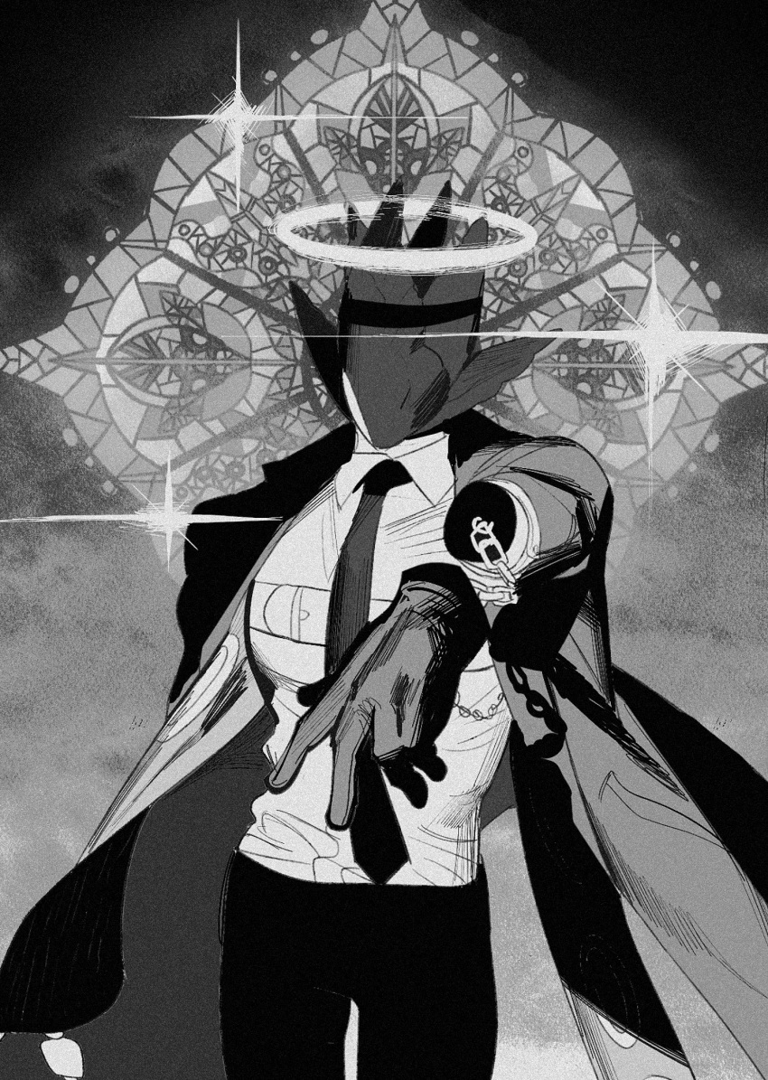 1boy chain collared_shirt cowboy_shot faceless faceless_male facing_viewer gloves grey_background greyscale halo hand_up highres jacket jacket_on_shoulders korean_commentary male_focus monochrome necktie original sasi_mozzi1 severed_hand shirt solo sparkle stained_glass standing