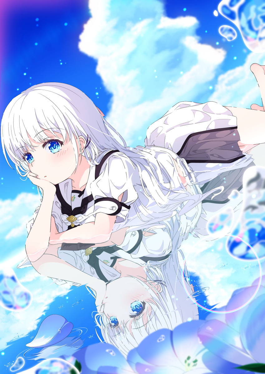 1girl absurdres arm_support barefoot blue_eyes blue_flower blue_sky blurry blush clouds commentary_request cumulonimbus_cloud day depth_of_field dutch_angle eyelashes feet_out_of_frame flower hair_between_eyes hair_ornament hair_over_shoulder hair_spread_out hairclip highres kyamiuu lens_flare long_hair looking_at_viewer lying naruse_shiroha nemophila_(flower) on_stomach outdoors parted_lips puffy_short_sleeves puffy_sleeves reflection reflective_water ripples sailor_collar school_uniform shirt short_sleeves skirt sky solo summer summer_pockets tareme water_drop white_hair white_sailor_collar white_shirt white_skirt