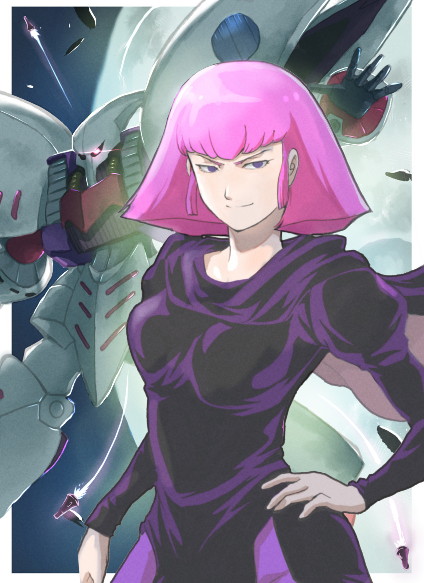 1girl black_shirt border breasts closed_mouth commentary_request funnels_(gundam) glowing glowing_eye gundam gundam_zz haman_karn hand_on_own_hip highres juliet_sleeves k_katora light_smile long_sleeves looking_at_viewer mecha medium_breasts medium_hair mobile_suit moon one-eyed open_hand outside_border pink_hair puffy_sleeves qubeley robot science_fiction shirt split_mouth v-shaped_eyebrows violet_eyes white_border