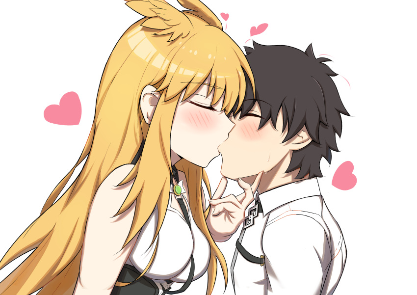 1boy 1girl absurdres black_hair blonde_hair blush breasts caravthir closed_eyes fate/grand_order fate_(series) fujimaru_ritsuka_(male) hand_on_another's_chin head_wings heart hetero highres kiss large_breasts thrud_(fate) valkyrie_(fate) wings