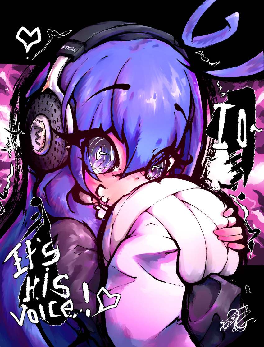 1girl @_@ absurdres acchi_kocchi ahoge biting blue_hair blush commentary floofsmear headphones heart highres loli long_eyelashes long_hair looking_at_viewer miniwa_tsumiki mixed_media naughty_face purple_hair solo solo_focus steam stuffed_animal stuffed_rabbit stuffed_toy thick_outlines very_long_hair violet_eyes wide-eyed