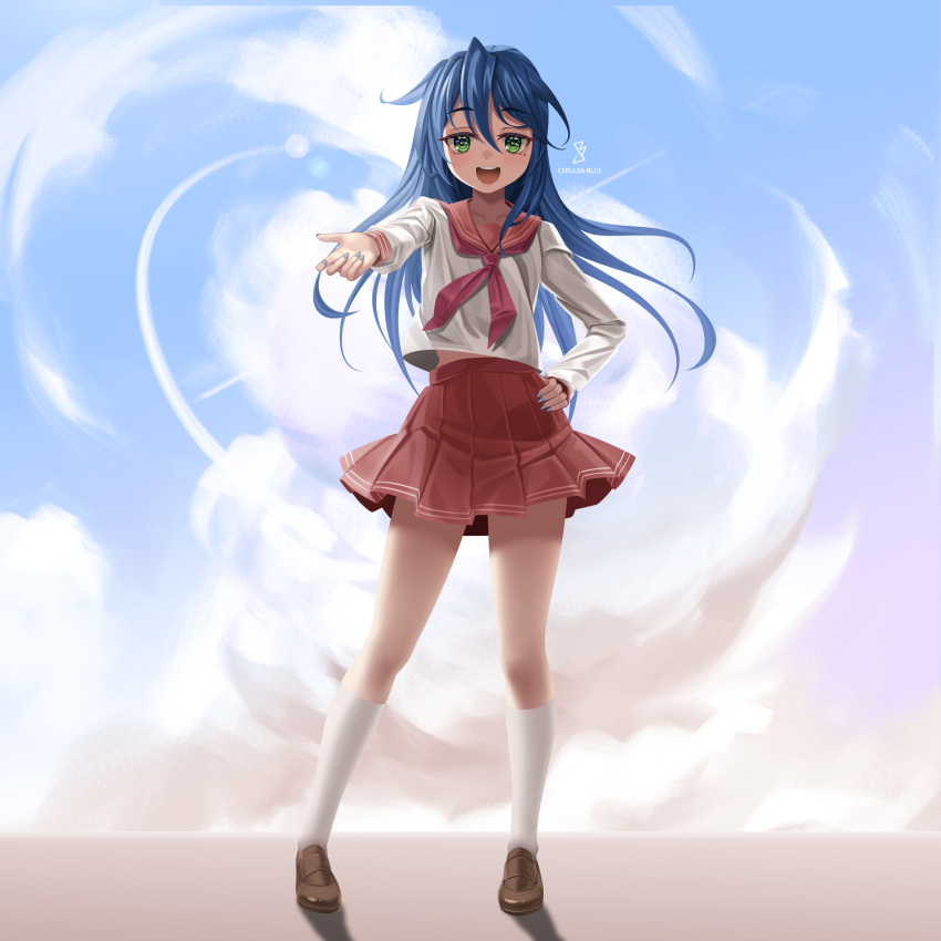 1girl absurdres ankle_socks artist_logo blue_hair brown_footwear cerulea-blue clouds cloudy_sky collarbone commentary commission english_commentary full_body green_eyes hand_on_own_hip highres izumi_konata loafers long_hair looking_at_viewer lucky_star neckerchief open_mouth pink_neckerchief pleated_skirt reaching reaching_towards_viewer red_sailor_collar red_skirt ryouou_school_uniform sailor_collar school_uniform serafuku shirt shoes skirt sky socks solo standing teeth upper_teeth_only white_shirt white_socks