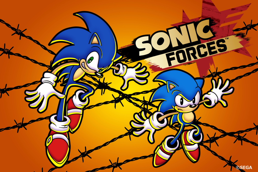2boys absurdres barbed_wire copyright_name dual_persona full_body furry furry_male gloves green_eyes highres looking_at_viewer male_focus multiple_boys official_art ooshima_naoto orange_background smirk sonic_(series) sonic_forces sonic_the_hedgehog sonic_the_hedgehog_(classic) star_(symbol) white_gloves