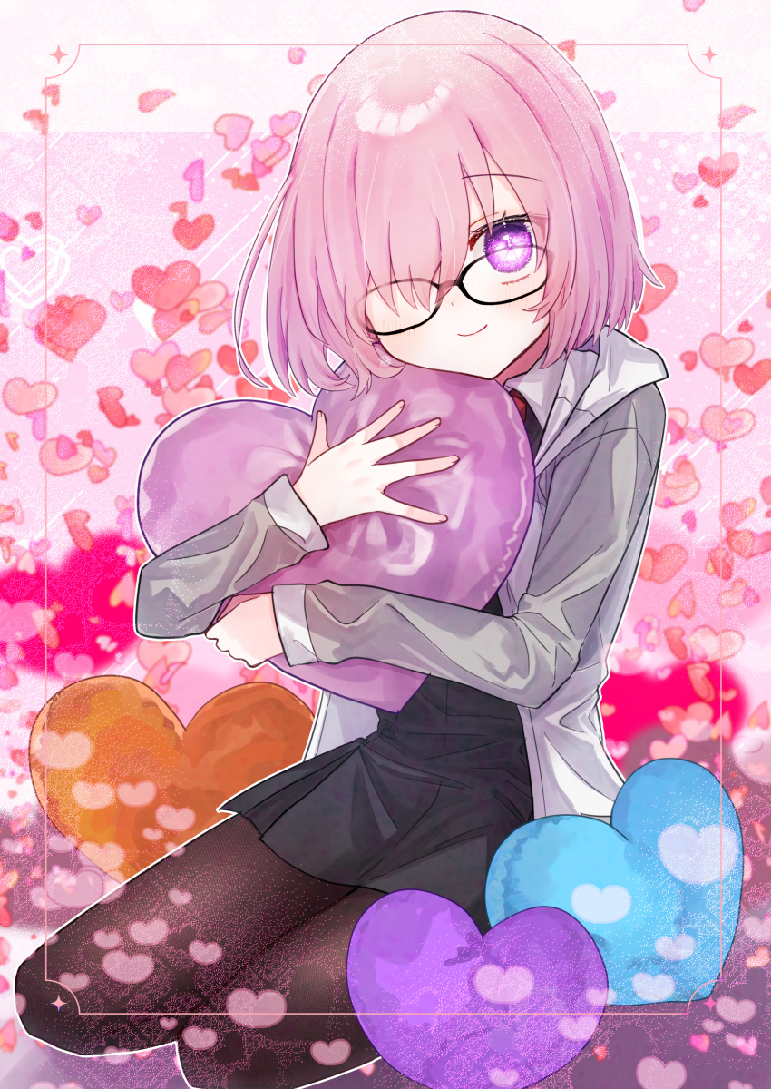 1girl absurdres black-framed_eyewear black_dress blush brown_pantyhose closed_mouth commentary_request dress fate/grand_order fate_(series) glasses grey_jacket hair_over_one_eye harukappa heart heart-shaped_pillow highres hood hood_down hooded_jacket hugging_object jacket long_sleeves looking_at_viewer mash_kyrielight multicolored_clothes multicolored_jacket one_eye_covered open_clothes open_jacket pantyhose pillow pillow_hug pink_hair short_hair sitting smile solo two-tone_jacket violet_eyes white_jacket