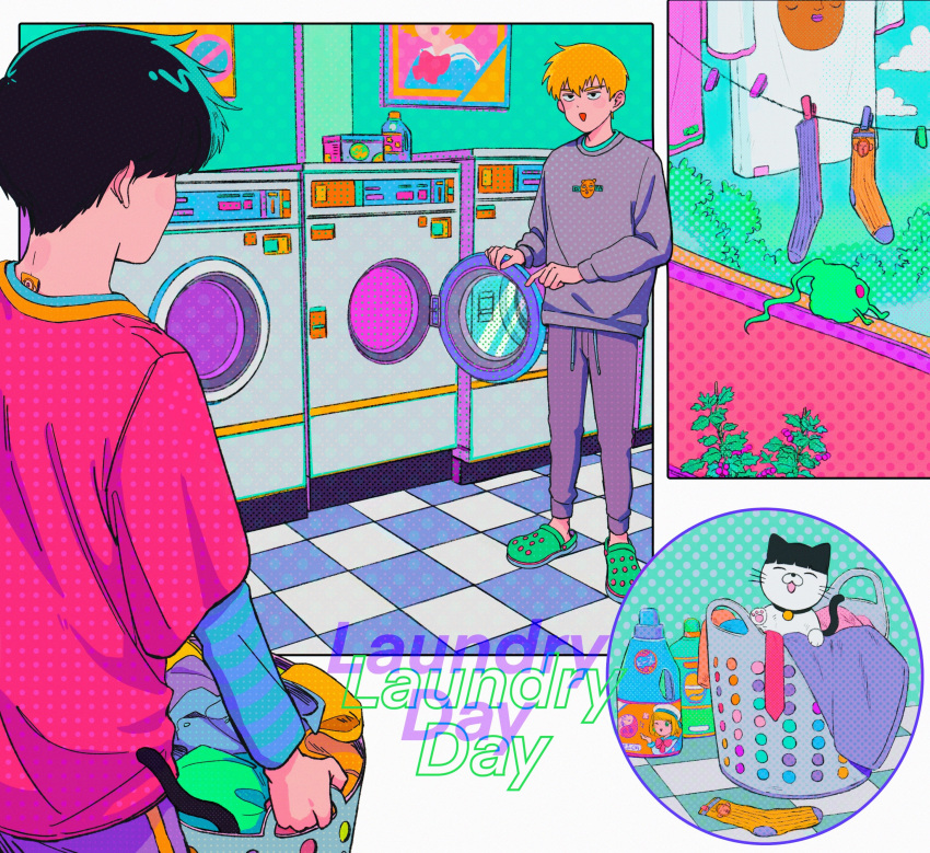 2boys absurdres animal animalization black_hair blonde_hair cat clothesline cm_wm commentary_request crocs english_text green_footwear grey_pants grey_shirt highres indoors kageyama_shigeo laundromat laundry laundry_basket long_sleeves looking_at_another male_focus mob_psycho_100 multiple_boys open_mouth pants pink_shirt reigen_arataka shirt short_hair smile spirit standing unworn_socks washing_machine