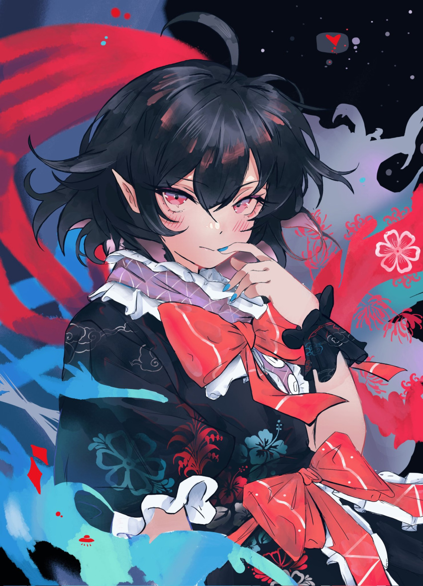 1girl ahoge black_hair blue_nails blush bow bowtie closed_mouth commentary highres houjuu_nue looking_at_viewer pointy_ears red_bow red_bowtie red_eyes red_wings short_hair short_sleeves solo theheavenpit touhou upper_body wings
