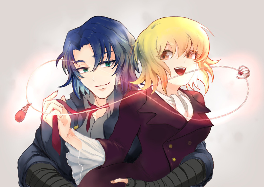 1boy 1girl amulet arms_around_waist athrun_zala blonde_hair blue_hair cagalli_yula_athha couple green_eyes grey_jacket gundam gundam_seed gundam_seed_freedom highres holding_tie infinity_symbol jacket jewelry looking_at_another lunart1024 necklace pant_suit pants red_tie ring short_hair smile suit yellow_eyes