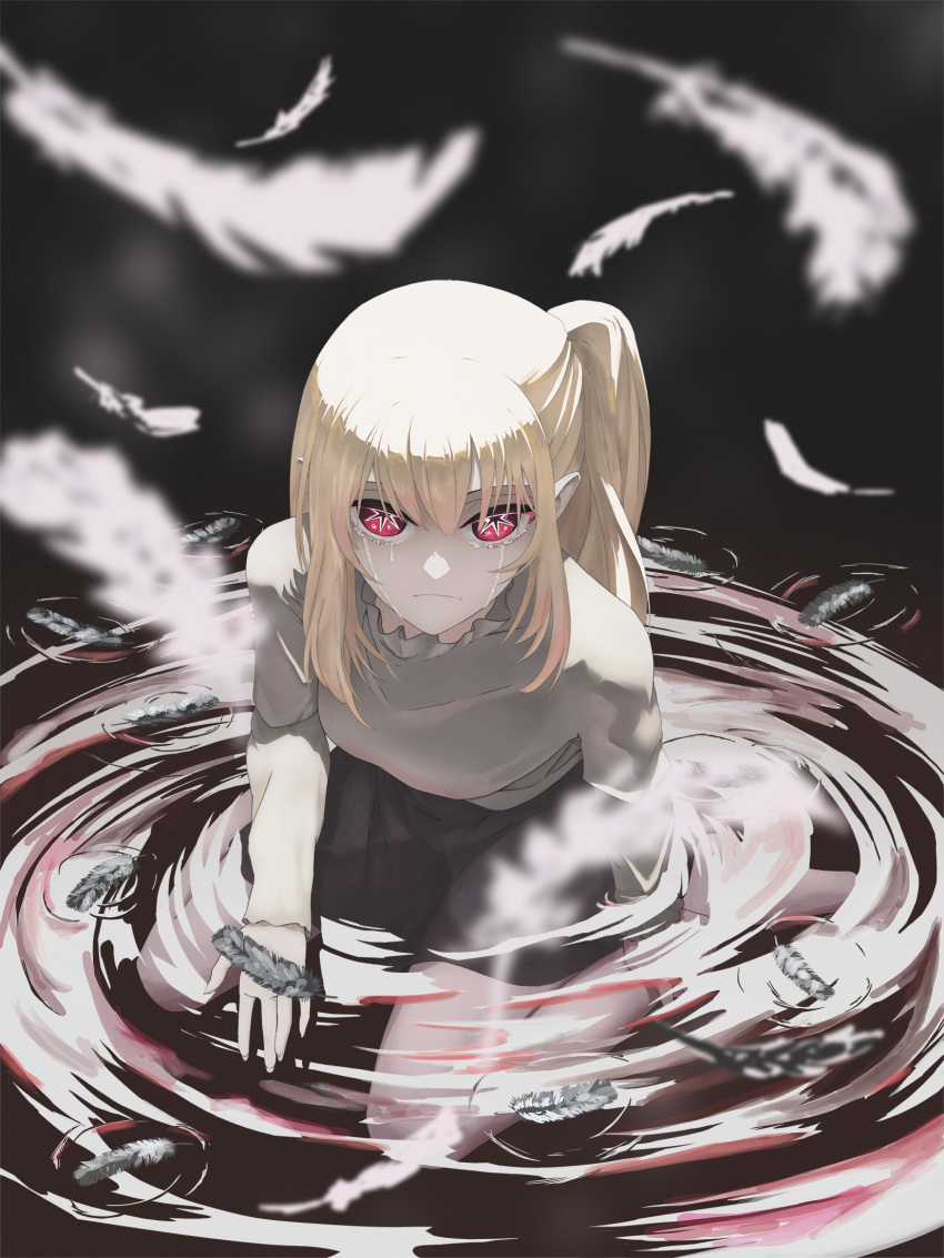 1girl aqwariate black_skirt blonde_hair commentary crying crying_with_eyes_open falling_feathers feathers grey_shirt highres hoshino_ruby long_hair long_sleeves looking_at_viewer one_side_up oshi_no_ko partially_submerged pink_eyes scene_reference shirt sidelocks sitting skirt solo spoilers star-shaped_pupils star_(symbol) streaming_tears symbol-shaped_pupils tears wariza