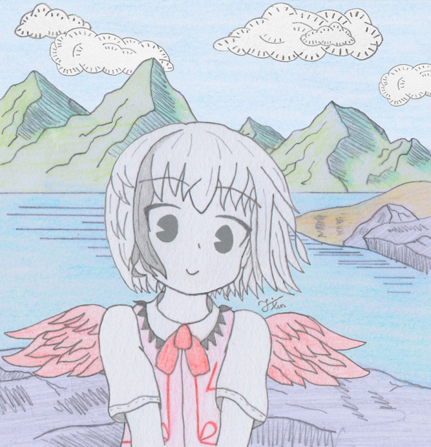 1girl colored_pencil_(medium) hollow_song_of_birds light_smile loli looking_at_viewer multicolored_hair neck_ribbon pink_vest red_wings ribbon short_hair smile solo torisumi_horou touhou traditional_media vest wings