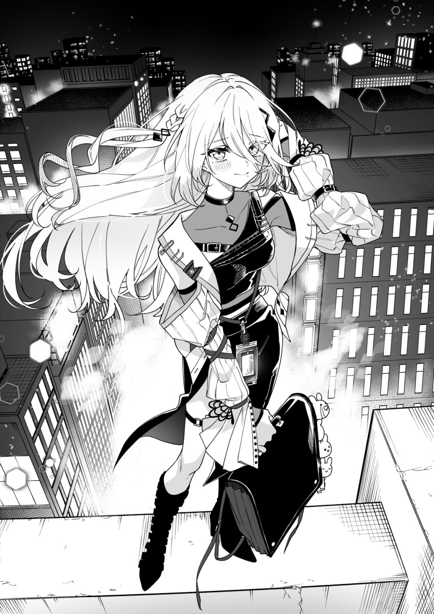 1girl bag blush boots braid ceiling cityscape closed_mouth commentary covered_collarbone floating_hair greyscale hair_between_eyes highres holding holding_bag jacket kashikaze long_hair long_hair_between_eyes long_sleeves looking_at_viewer mole mole_under_each_eye mole_under_eye mole_under_mouth monochrome multiple_moles nijisanji open_clothes open_jacket side_braid skirt solo sophia_valentine sophia_valentine_(1st_costume) symbol-only_commentary thigh_strap virtual_youtuber