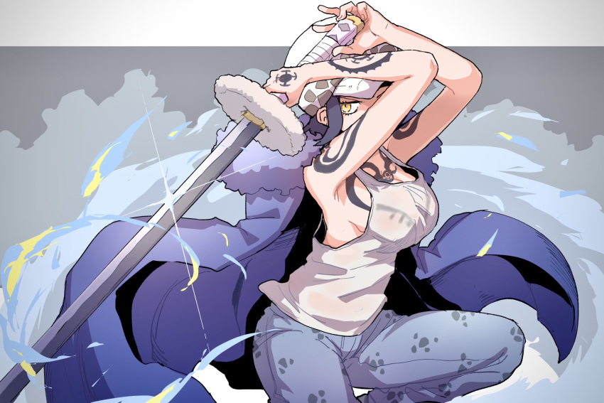 1girl arm_tattoo arms_up blue_hair border chest_tattoo dark_blue_hair denim fighting_stance genderswap genderswap_(mtf) hat highres holding holding_sword holding_weapon jeans mm_mofu_uu one_piece pants see-through see-through_shirt short_hair shoulder_tattoo solo squatting sword tank_top tattoo trafalgar_law weapon white_border white_tank_top yellow_eyes