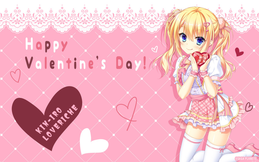 1girl :q blonde_hair blue_eyes blush bow box center_frills closed_mouth company_name copyright_name eyes_visible_through_hair frilled_skirt frilled_sleeves frilled_wrist_cuffs frills gift hair_between_eyes hair_ornament hands_up happy_valentine heart heart-shaped_box heart_hair_ornament highres holding holding_gift kin-iro_loveriche kisaki_reina kneeling knees_out_of_frame long_hair looking_at_viewer mary_janes official_art official_wallpaper orange_bow pink_background pink_footwear pink_skirt pink_wrist_cuffs plaid plaid_skirt pom_pom_(clothes) pom_pom_hair_ornament puffy_short_sleeves puffy_sleeves red_bow shirt shoes short_sleeves simple_background skirt smile solo thigh-highs tongue tongue_out toranosuke twintails two-tone_skirt valentine wavy_hair white_shirt white_skirt white_thighhighs wrist_cuffs zettai_ryouiki