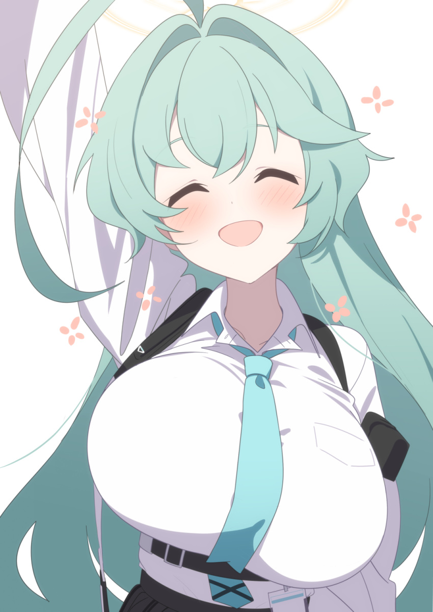 1girl ahoge blue_archive blue_necktie blush breasts closed_eyes collared_shirt green_hair halo highres huge_ahoge id_card large_breasts long_hair necktie open_mouth overall_skirt shirt smile solo supershiruco waving white_shirt yume_(blue_archive)