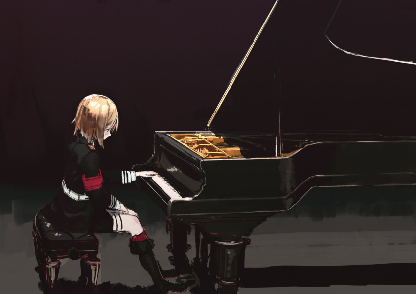 1girl absurdres akitaka_takaaki armband black_background black_footwear black_skirt blonde_hair blush boots german_clothes girls_frontline grand_piano highres historical_connection instrument military military_uniform mp40_(girls'_frontline) music nazi piano playing_instrument playing_piano red_armband simple_background skirt thigh_strap uniform