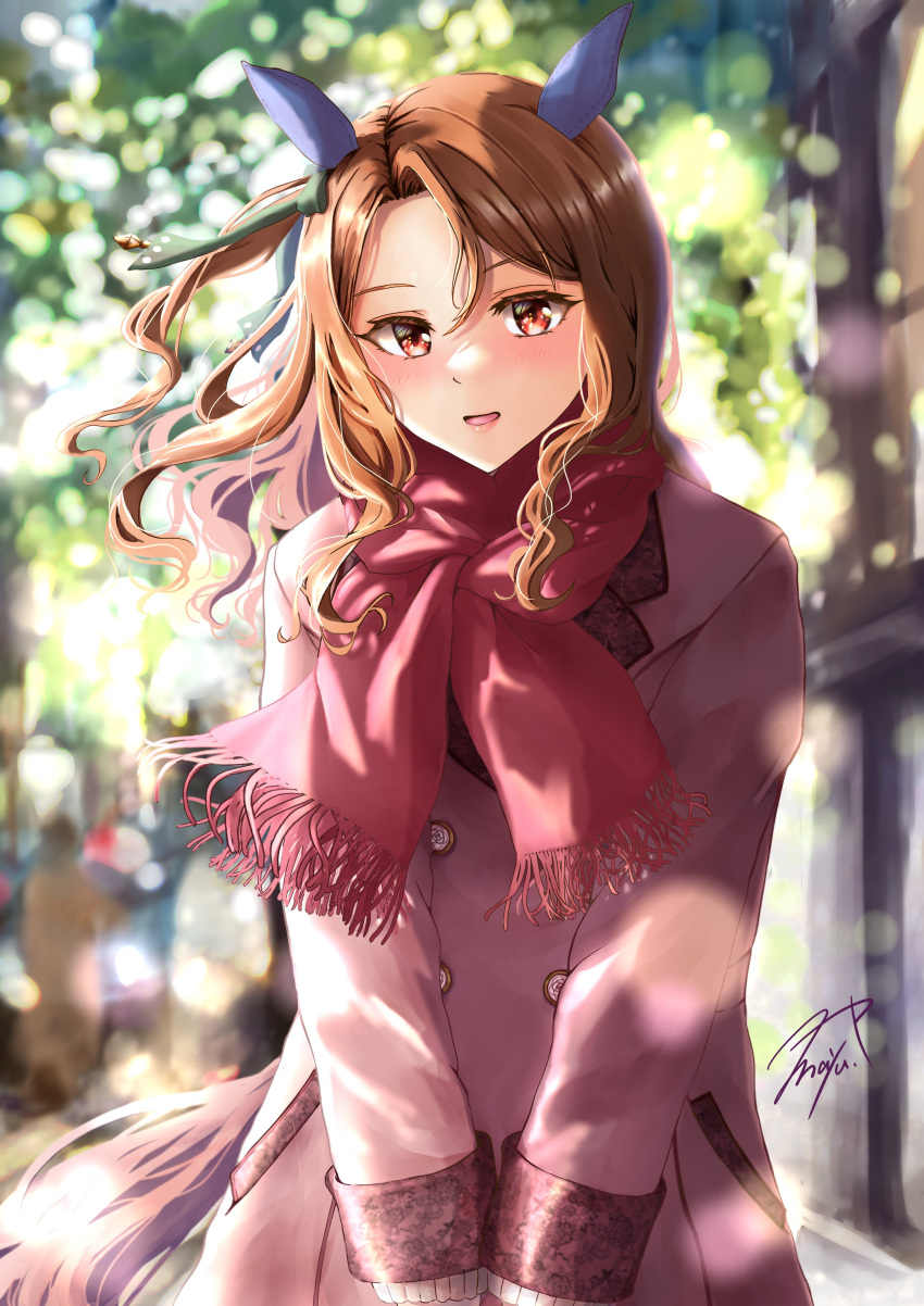1girl absurdres animal_ears artist_name blurry blurry_background brown_hair coat ear_covers highres horse_ears horse_girl horse_tail jacket king_halo_(umamusume) long_hair long_sleeves looking_at_viewer mayupika open_mouth outdoors puffy_long_sleeves puffy_sleeves red_eyes red_scarf scarf smile solo sweater tail umamusume wavy_hair winter_clothes