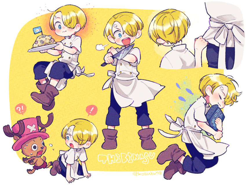 ! !? 2boys :3 aged_down all_fours apron artist_name blonde_hair blue_eyes blush book boots brown_footwear chef child closed_mouth commentary curly_eyebrows fish food from_behind from_side holding holding_book holding_knife holding_own_arm holding_plate kneeling knife long_bangs male_focus mini_flag mitsubachi_koucha multiple_boys one_piece open_mouth pants plate pulling_another's_clothes reindeer rice running sanji_(one_piece) short_hair shorts shrimp simple_background sitting surprised sweat teeth tony_tony_chopper upper_teeth_only waist_apron yellow_background