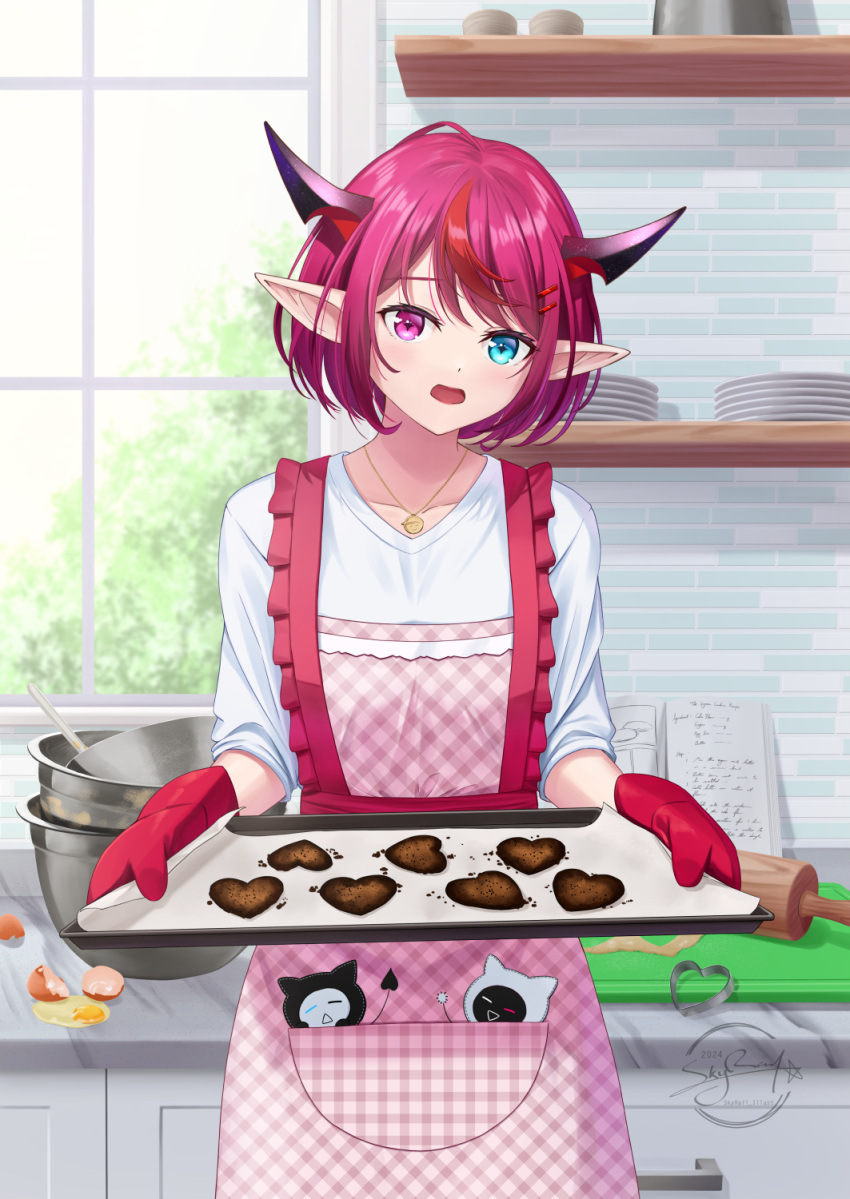 1girl apron bloom_(irys) blue_eyes candy chocolate cookie_cutter food gloom_(irys) gloves gold_necklace heart heart-shaped_chocolate heterochromia highres holding_pan hololive hololive_english horns irys_(hololive) jewelry looking_at_viewer multicolored_hair necklace open_mouth pointy_ears purple_hair red_apron red_eyes red_gloves redhead short_hair skyrail two-tone_hair virtual_youtuber
