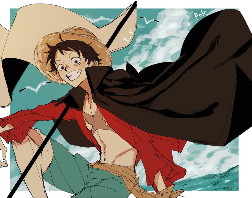 1boy bird blue_shorts clouds commentary_request flag hat highres looking_at_viewer male_focus monkey_d._luffy one_piece open_clothes open_shirt red_shirt rokurnshu003 sash scar scar_on_chest scar_on_face shirt shorts sitting sky smile solo straw_hat yellow_sash