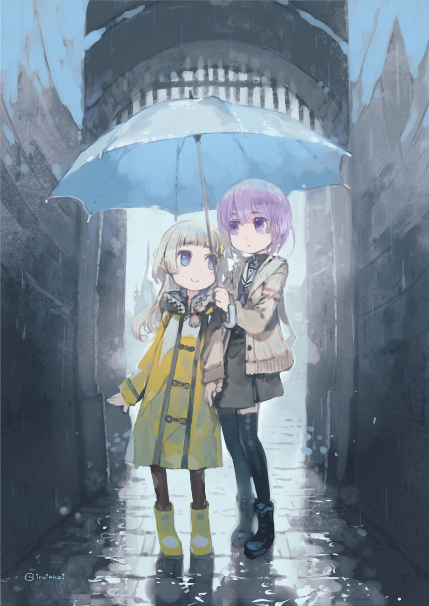 2girls a.i._voice alley black_footwear black_thighhighs black_undershirt blunt_bangs bob_cut boots brick_road brown_cardigan cardigan closed_mouth commentary_request commission day expressionless eye_contact full_body gate grey_hair grey_serafuku grey_skirt highres holding holding_hands holding_umbrella hood hood_down hooded_coat iroikkai kizuna_akari kizuna_akari_(tsubomi) long_hair long_sleeves looking_at_another multiple_girls open_cardigan open_clothes outdoors purple_hair rain raincoat reflective_ground rubber_boots school_uniform serafuku shared_umbrella short_hair skeb_commission skirt smile standing thigh-highs umbrella violet_eyes voiceroid wet_ground yellow_raincoat yuzuki_yukari yuzuki_yukari_(shizuku)
