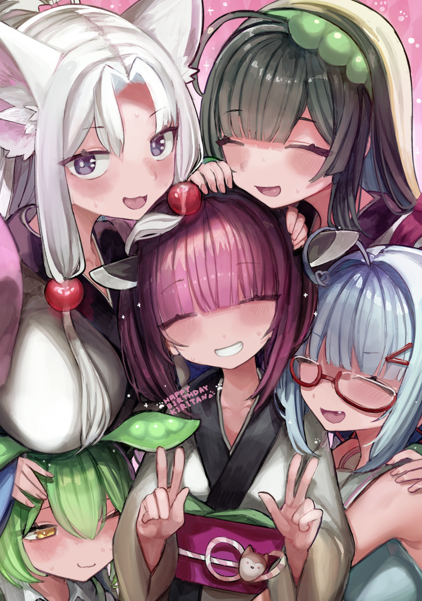 5girls :3 ahoge animal_ears black_hair blue_hair blush breasts closed_eyes curtained_hair double_w facing_viewer fang fox_ears glasses green_hair green_hairband grey_eyes grin hairband hand_on_another's_head hand_on_another's_shoulder hands_up happy_birthday headgear highres japanese_clothes kimono large_breasts long_hair looking_at_viewer microa multiple_girls obi obiage obijime one_eye_closed open_mouth otomachi_una otomachi_una_(talkex) pink_background pink_shawl purple_hair sash shawl shirt siblings sidelocks sisters sleeveless sleeveless_shirt smile talkex touhoku_itako touhoku_kiritan touhoku_zunko vocaloid voiceroid voicevox w white_hair white_kimono zundamon