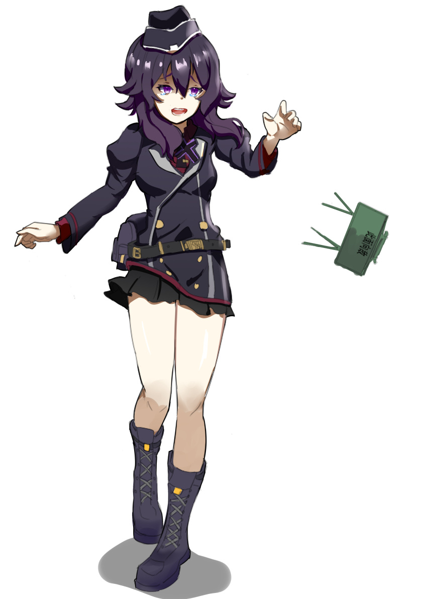 absurdres belt belt_pouch black_belt black_skirt blue_archive boots claymore_(mine) commentary_request explosive garrison_cap hair_between_eyes haruka_(blue_archive) hat highres knee_boots long_hair mine_(weapon) open_mouth pouch purple_footwear purple_hair simple_background skirt sntrio tearing_up violet_eyes white_background