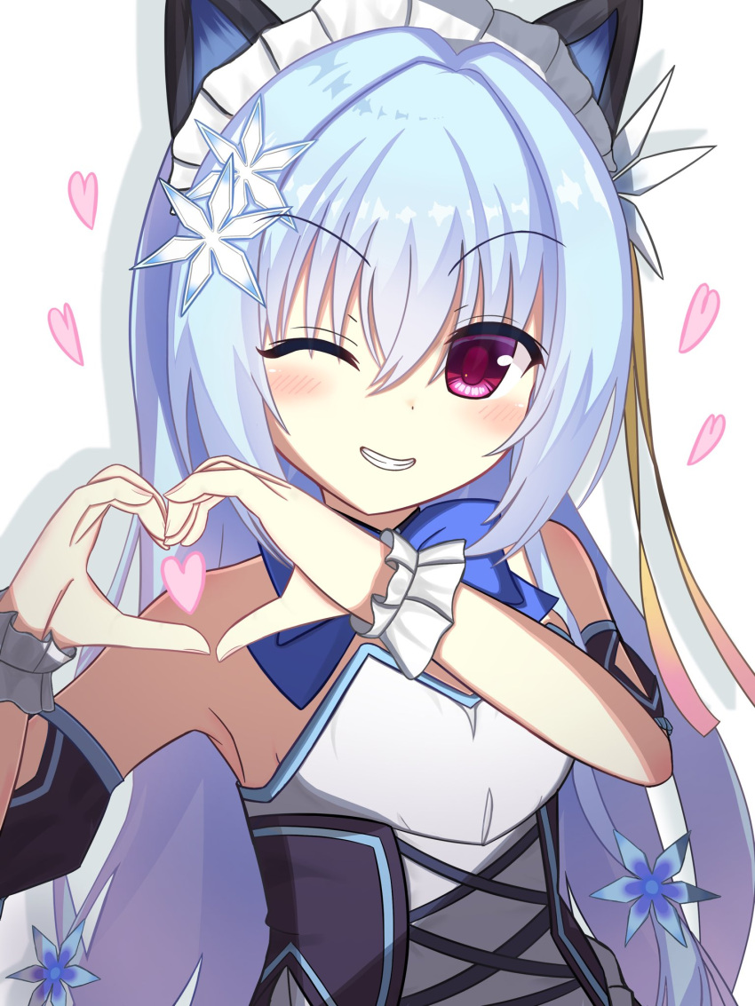 1girl alternate_costume animal_ears bare_shoulders blue_bow blue_hair blush bow cat_ears commentary drop_shadow enmaided fake_animal_ears frilled_wrist_cuffs frills grin hair_between_eyes hair_intakes hair_ornament hamidashi_creative hands_up heart heart_hands highres light_blue_hair long_hair looking_at_viewer maid maid_headdress mako_mako one_eye_closed red_eyes simple_background smile snowflake_hair_ornament solo upper_body v-shaped_eyebrows very_long_hair white_background white_wrist_cuffs wrist_cuffs yukige_shiki