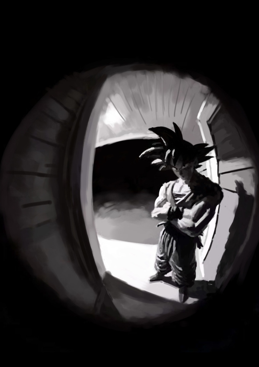 1boy absurdres black_hair crossed_arms door dougi dragon_ball fisheye full_body greyscale highres ii_(wired_) looking_at_viewer male_focus monochrome pov_peephole sidelighting solo son_goku spiky_hair standing vignetting
