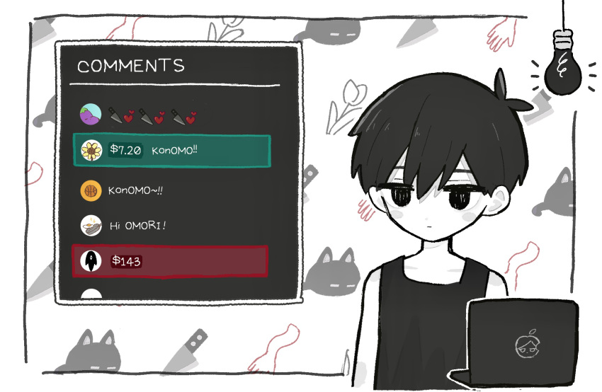 1boy antenna_hair black_eyes black_hair black_tank_top chat_log closed_mouth colored_skin computer hair_between_eyes highres laptop light_bulb livestream looking_to_the_side no_pupils omori omori_(omori) shirt short_hair sleeveless sleeveless_shirt solo tank_top user_yprm7442 white_skin
