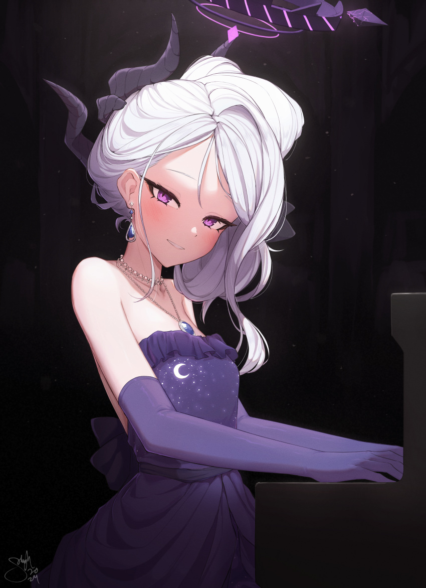 1girl absurdres black_background blue_archive blush commentary demon_horns elbow_gloves english_commentary gloves grey_hair halo highres hina_(blue_archive) hina_(dress)_(blue_archive) horns instrument jewelry long_hair looking_at_viewer music necklace official_alternate_costume playing_instrument playing_piano purple_gloves purple_halo smile sohugh2 solo teardrop_earrings violet_eyes