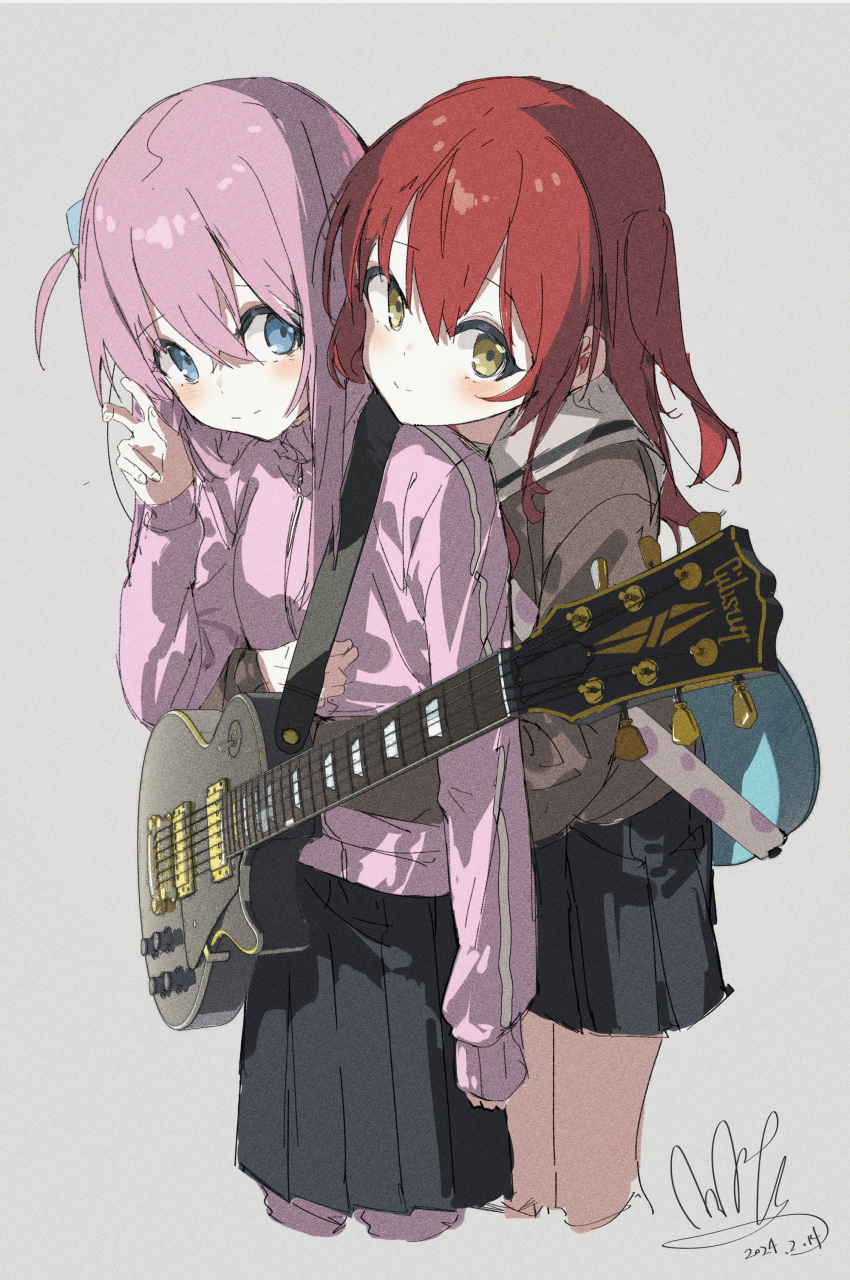 2girls absurdres bent_v black_skirt blue_eyes blush bocchi_the_rock! closed_mouth dated gotoh_hitori guitar hair_between_eyes highres hug hug_from_behind instrument jacket kita_ikuyo long_hair long_sleeves multiple_girls one_side_up pink_hair pink_jacket pleated_skirt qtian redhead signature simple_background skirt smile standing yellow_eyes