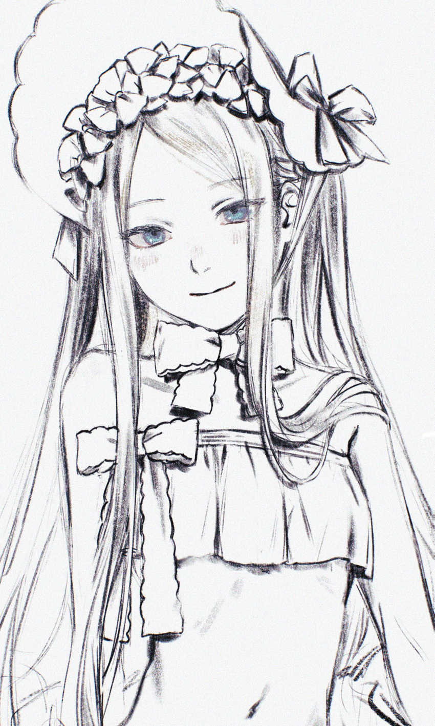 1girl abigail_williams_(fate) abigail_williams_(swimsuit_foreigner)_(fate) bare_arms blue_eyes bonnet bow bow_swimsuit bowtie closed_mouth fate/grand_order fate_(series) flower_wreath greyscale head_wreath highres long_hair looking_at_viewer machihazure monochrome navel sidelocks sketch smile solo spot_color swimsuit upper_body