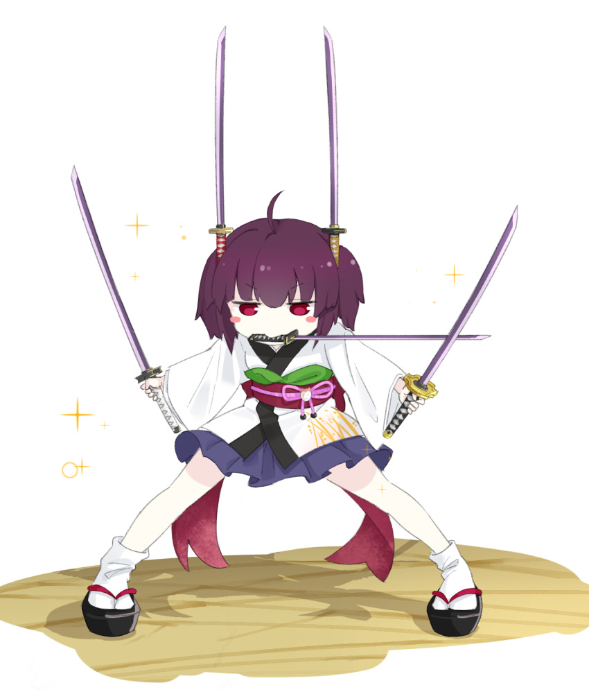 1girl blue_skirt blush_stickers commentary_request highres holding holding_sword holding_weapon japanese_clothes katana kimono konori_(ahurerukuiizi) legs_apart long_sleeves looking_at_viewer mouth_hold obi obiage obijime okobo outstretched_arms pleated_skirt purple_hair red_eyes sandals sash simple_background skirt socks solo sparkle spread_arms standing sword sword_hair_ornament touhoku_kiritan triple_wielding v-shaped_eyebrows voiceroid weapon white_background white_kimono white_socks