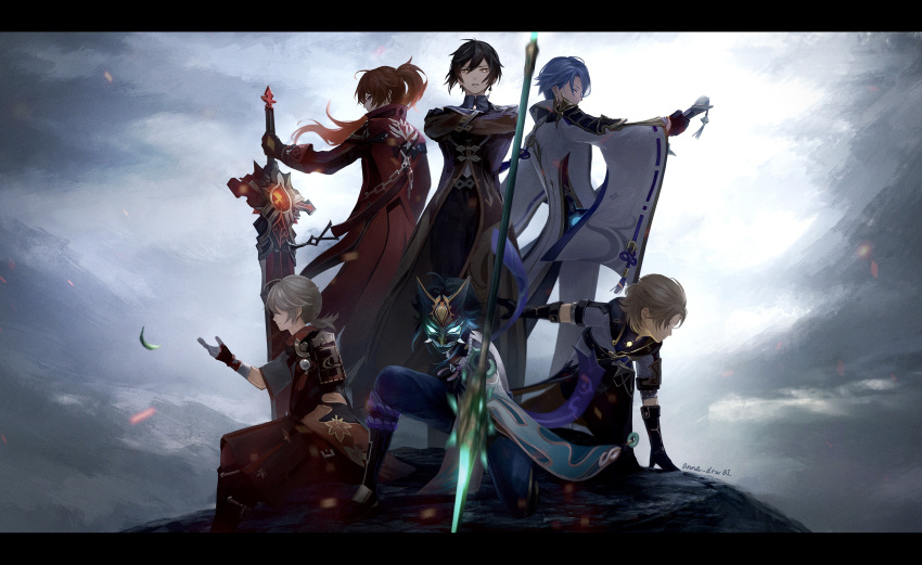 6+boys absurdres albedo_(genshin_impact) anna_(drw01) armor artist_name bandaged_arm bandaged_hand bandages bead_necklace beads black_gloves black_pants blue_hair blue_pants brown_coat brown_eyes brown_shorts chain closed_eyes closed_mouth clouds cloudy_sky coat coattails collared_shirt commentary_request detached_sleeves diluc_(genshin_impact) diluc_(red_dead_of_night)_(genshin_impact) earrings fighting_stance fingerless_gloves floating_hair genshin_impact gloves glowing glowing_eyes gold_trim green_hair hair_between_eyes half_updo hand_up haori high_ponytail highres holding holding_sword holding_weapon hood hood_down hooded_coat horned_mask jacket japanese_armor japanese_clothes jewelry kaedehara_kazuha kamisato_ayato kimono leaf leaf_print letterboxed light_brown_hair long_hair long_sleeves looking_at_viewer low_ponytail male_focus maple_leaf_print mask medium_hair motion_blur multiple_boys necklace on_one_knee outdoors pants parted_bangs parted_lips pelvic_curtain polearm pom_pom_(clothes) ponytail primordial_jade_winged-spear_(genshin_impact) profile red_coat red_eyes redhead shirt short_sleeves shorts shoulder_armor sidelocks sideways_glance single_detached_sleeve single_earring single_sode sky sleeve_cuffs sode standing sword tassel tassel_earrings vision_(genshin_impact) weapon white_coat white_hair white_jacket white_kimono white_pants white_shirt wide_sleeves wing_collar wolf's_gravestone_(genshin_impact) xiao_(genshin_impact) zhongli_(genshin_impact)