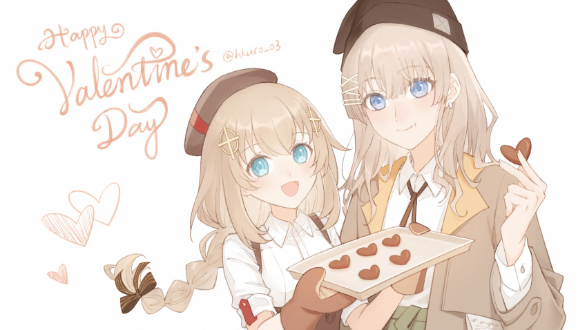2girls aqua_eyes beret black_headwear blue_eyes braid brown_headwear candy chocolate fnc_(girls'_frontline) food girls_frontline hair_ornament happy_valentine hat heart heart-shaped_chocolate hei_chuan_gui highres holding holding_chocolate holding_food holding_tray light_brown_hair long_hair looking_at_viewer mittens multiple_girls multiple_hairpins open_mouth scar-l_(girls'_frontline) smile tray twitter_username upper_body white_background