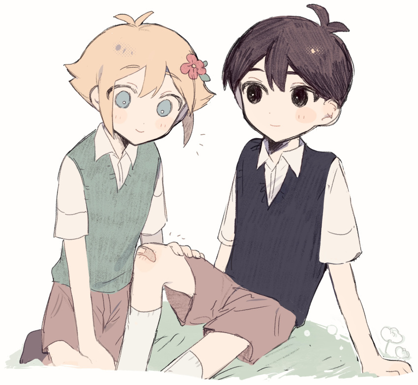2boys absurdres antenna_hair aqua_eyes bandaid bandaid_on_knee bandaid_on_leg basil_(faraway)_(omori) basil_(omori) black_eyes black_hair black_sweater_vest blonde_hair bright_pupils brown_shorts closed_mouth collared_shirt flower green_sweater_vest hair_between_eyes hair_flower hair_ornament hand_on_another's_thigh hand_on_ground highres looking_at_another multiple_boys omori on_ground red_flower shirt short_hair short_sleeves shorts simple_background sippudayo sitting smile socks sunny_(omori) sweater_vest white_pupils white_shirt white_socks