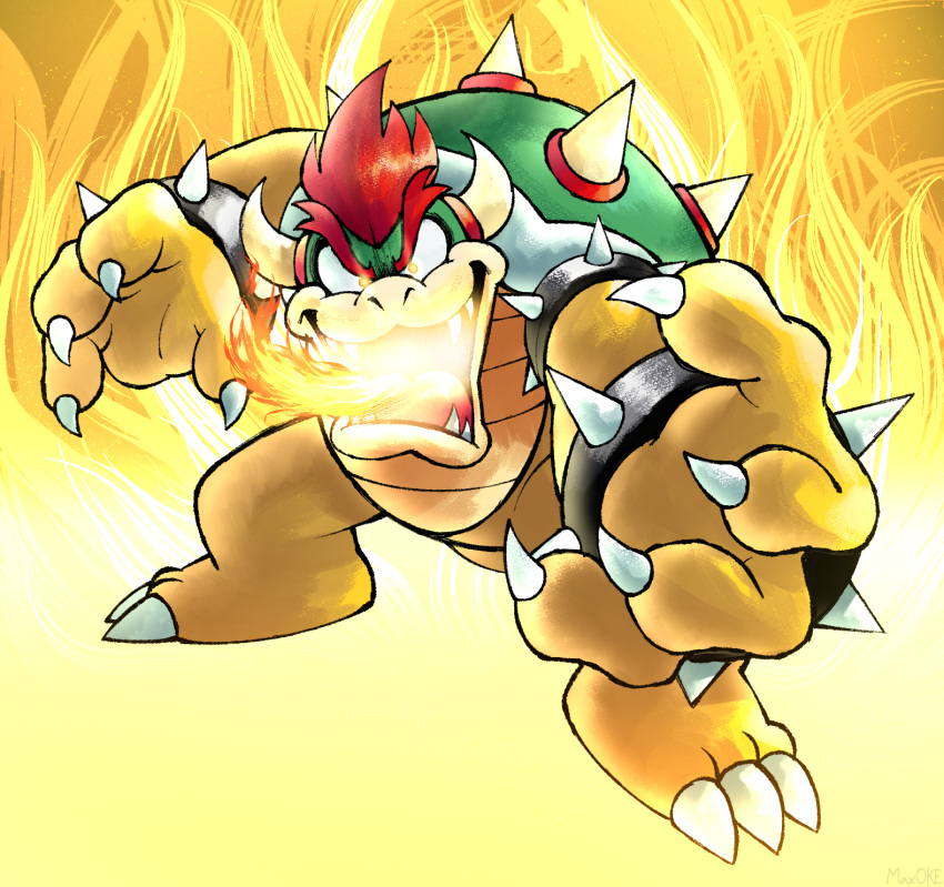 1boy bowser bracelet breathing_fire claws fangs fire full_body glowing glowing_eyes highres horns jewelry looking_at_viewer male_focus maxoke open_mouth redhead signature solo spiked_bracelet spikes super_mario_bros. turtle_shell